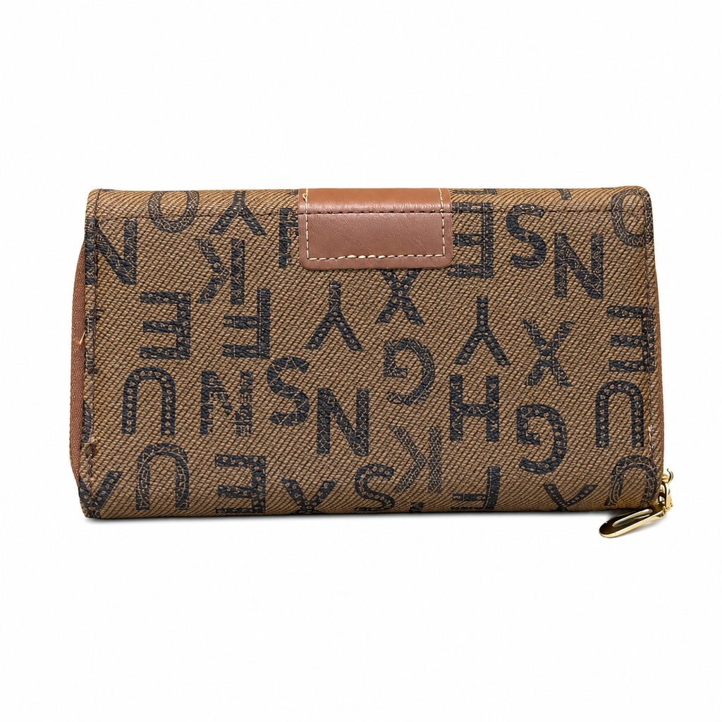 All-Over Letter-Pattern Flap Clutch