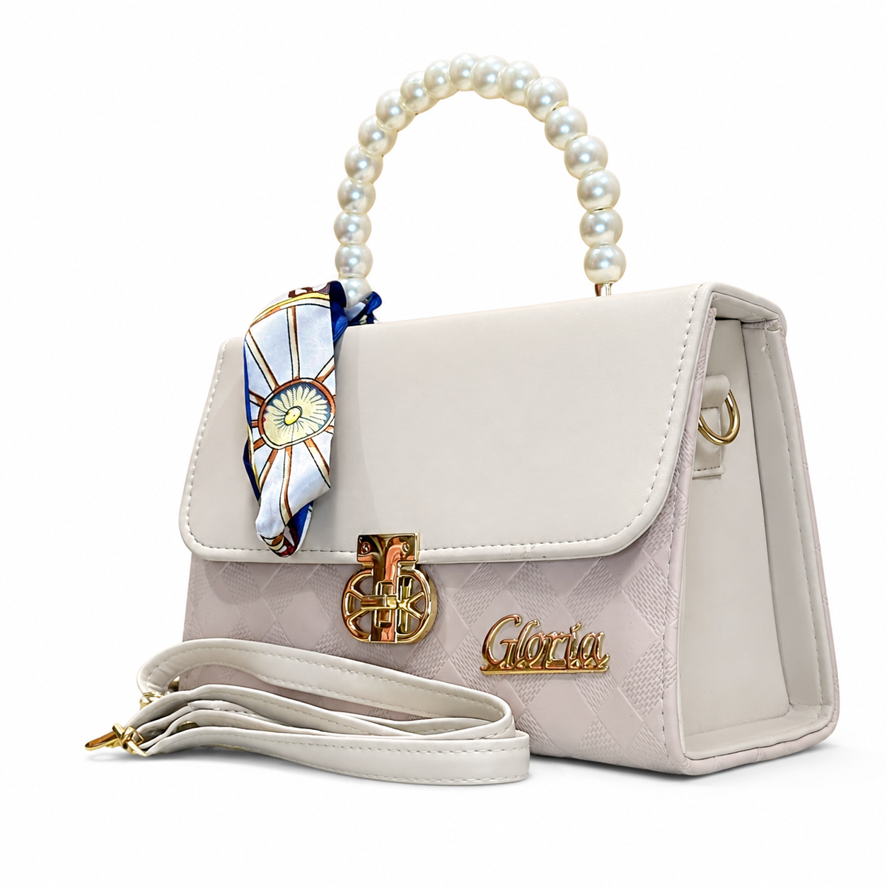 Pearl-Handle Scarf-Accent Handbag