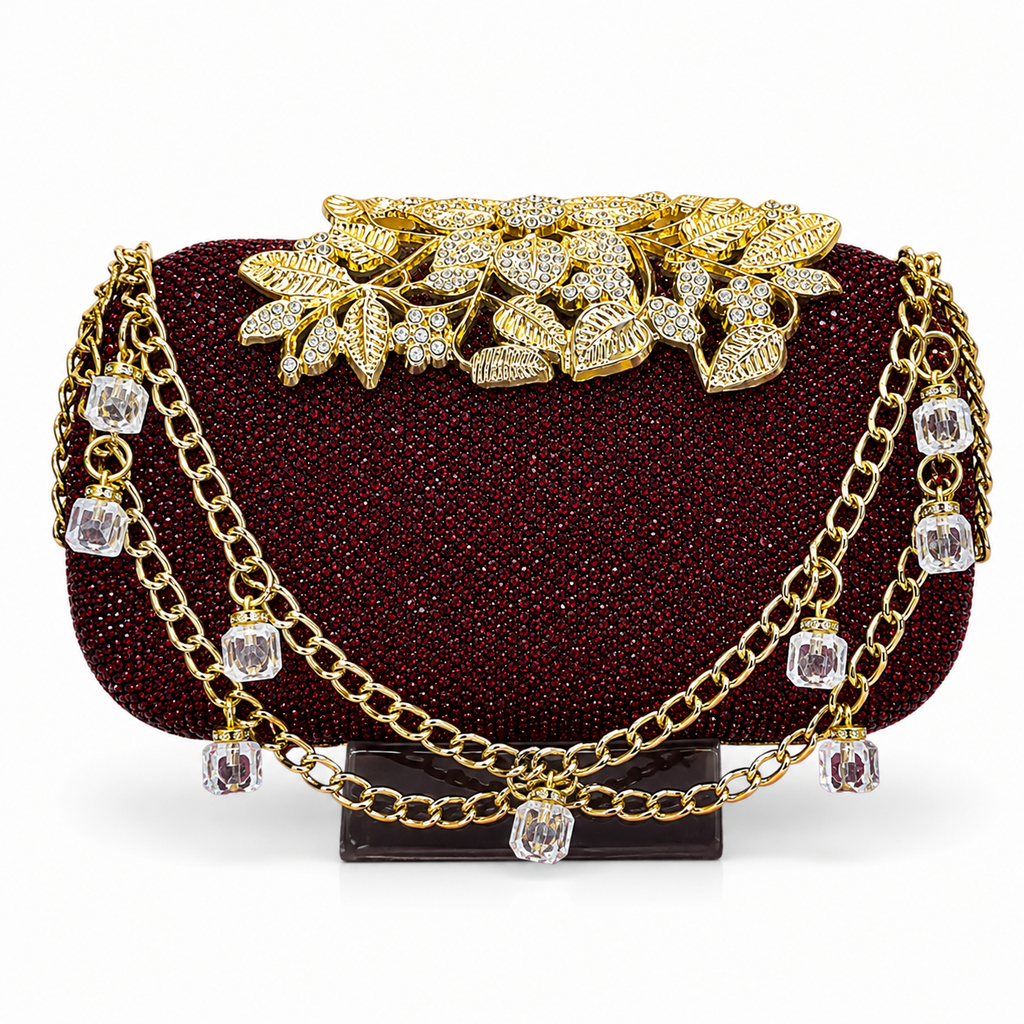 Embellished Beaded Floral Clutch with Chain Strap