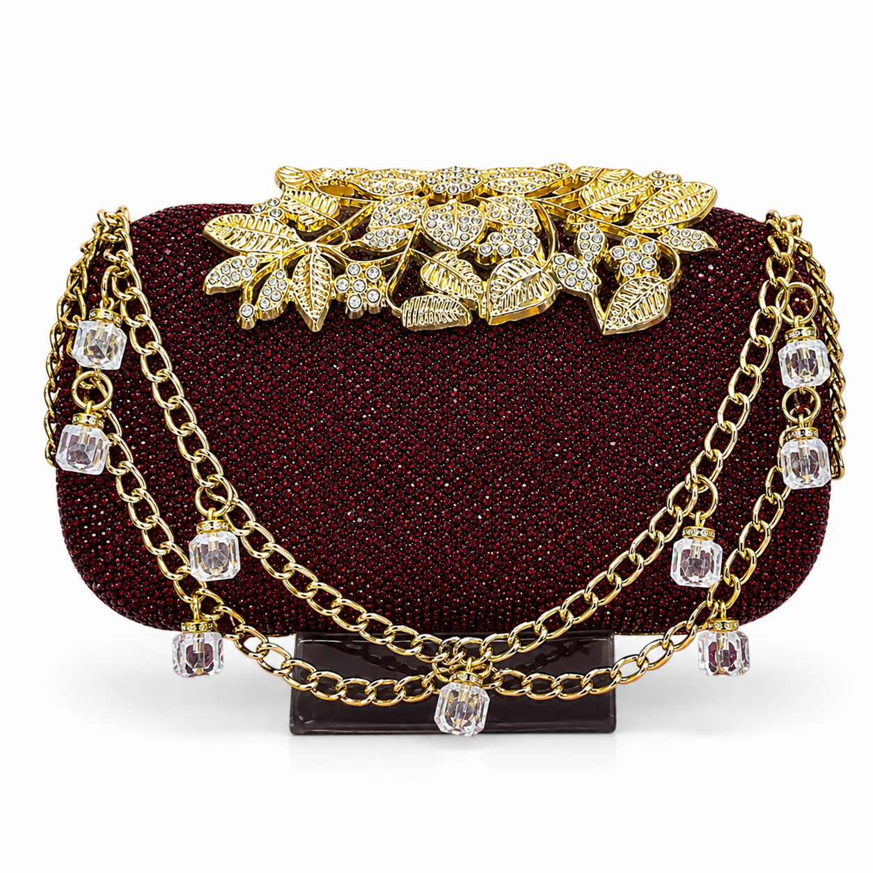 Embellished Beaded Floral Clutch with Chain Strap