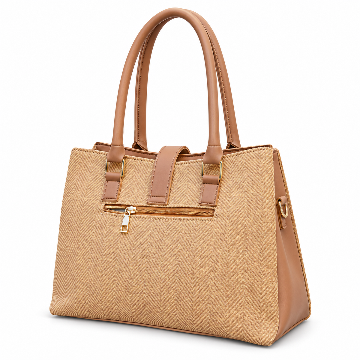 Structured Herringbone Handbag with Shoulder Carry Option
