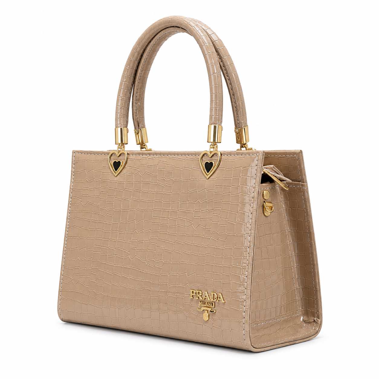 Croc-Textured Structured Handbag with Heart Handles