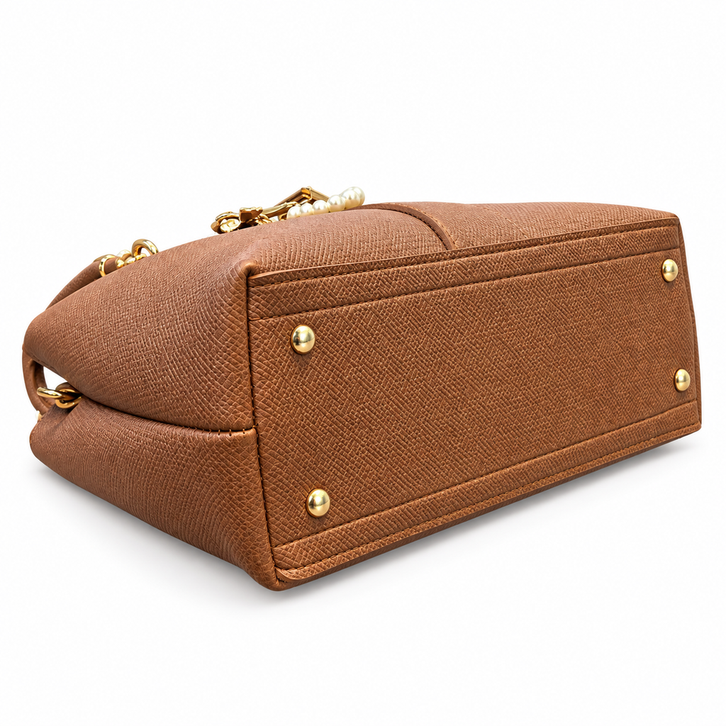 Structured Textured Handbag with Bow & Pearl Charm