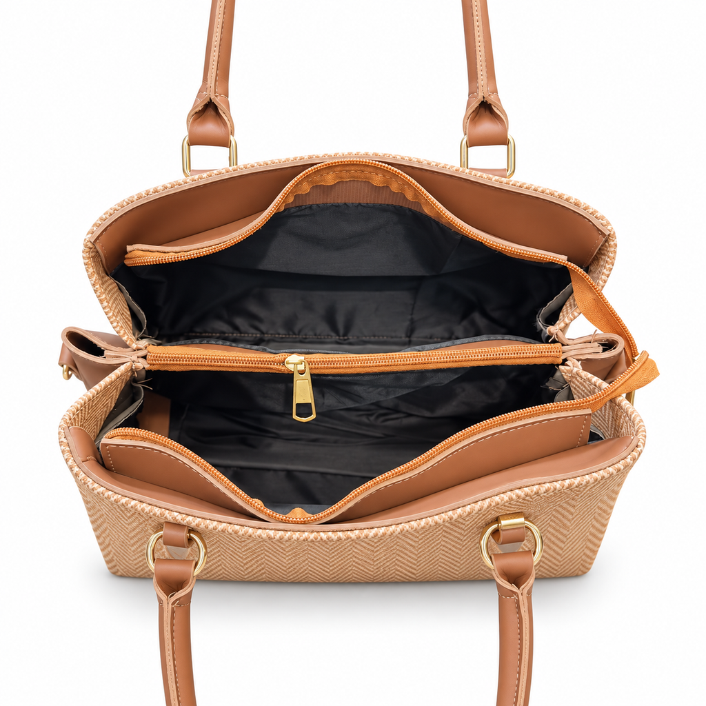 Structured Herringbone Handbag with Shoulder Carry Option