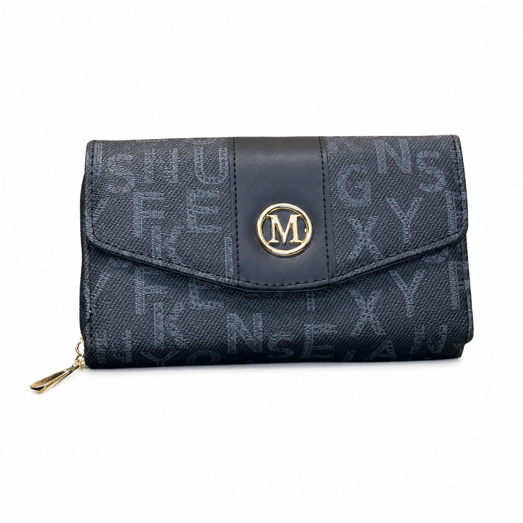 All-Over Letter-Pattern Flap Clutch