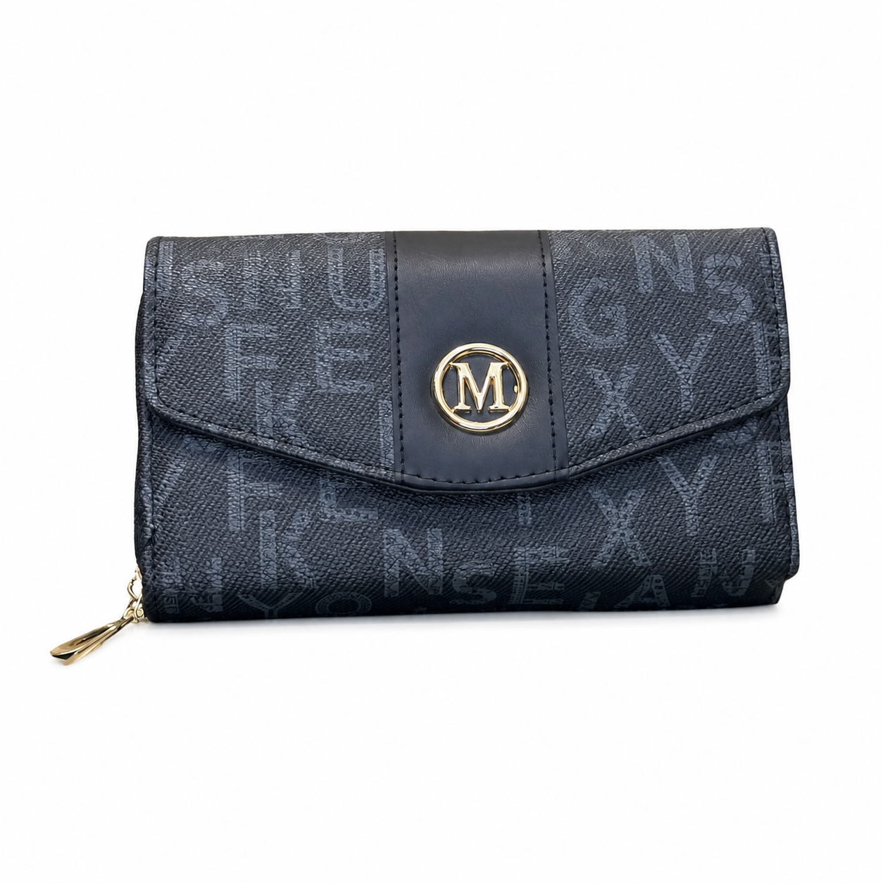 All-Over Letter-Pattern Flap Clutch