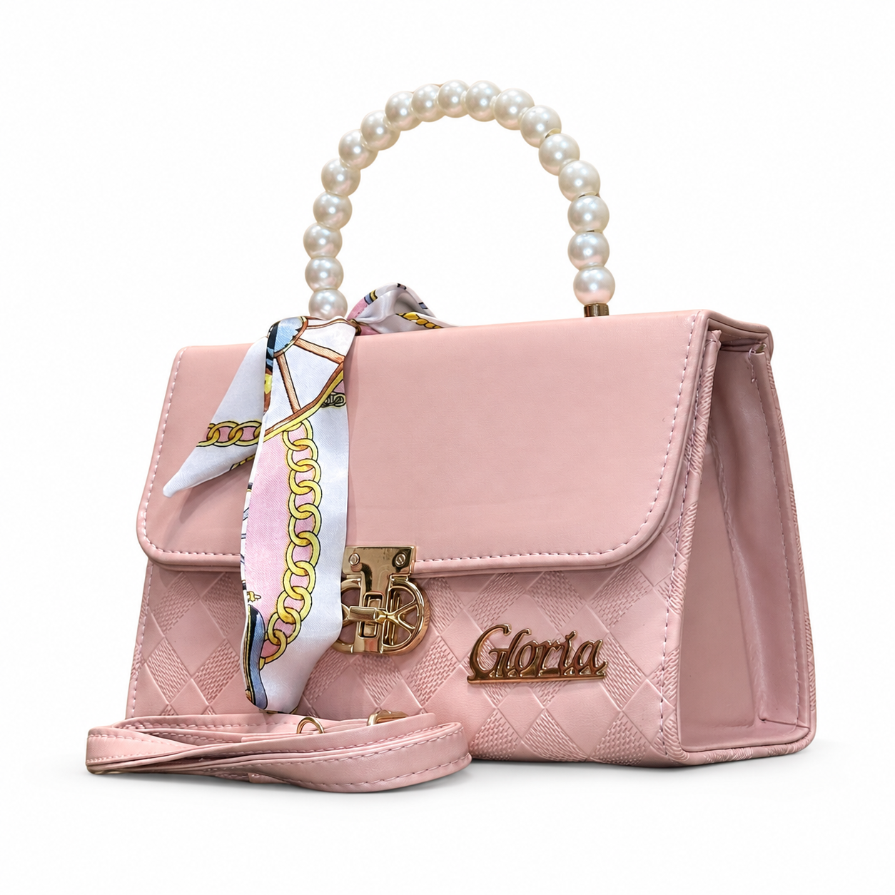 Pearl-Handle Scarf-Accent Handbag