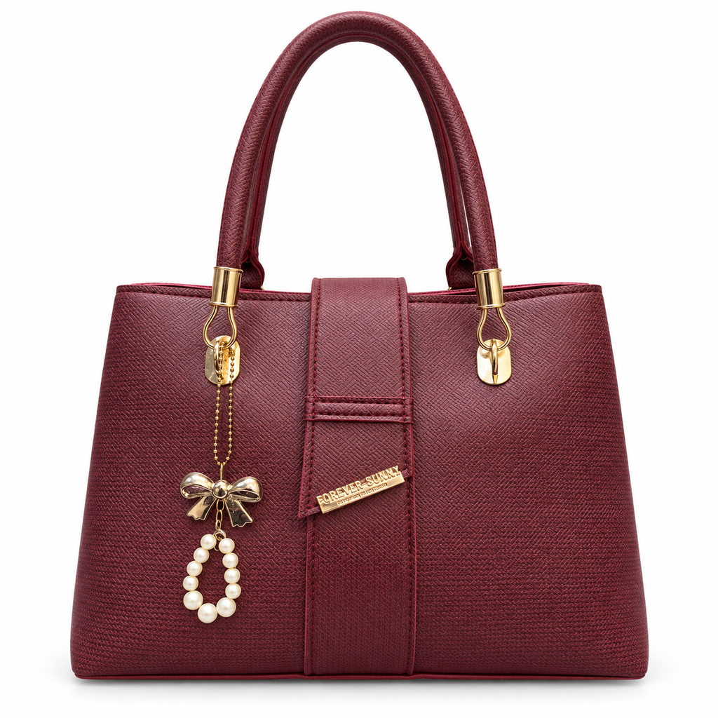 Structured Textured Handbag with Bow & Pearl Charm