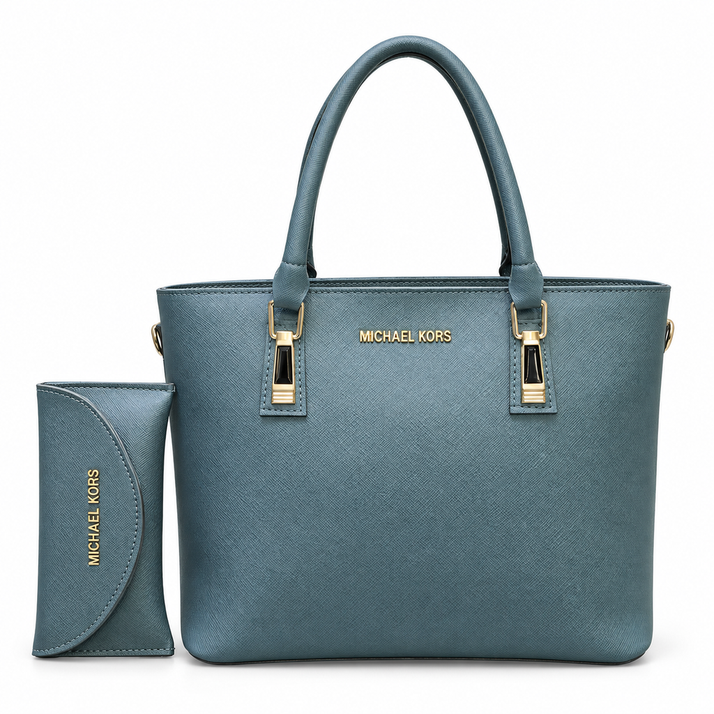 Structured textured handbag with matching accessory pouch and gold-tone hardware