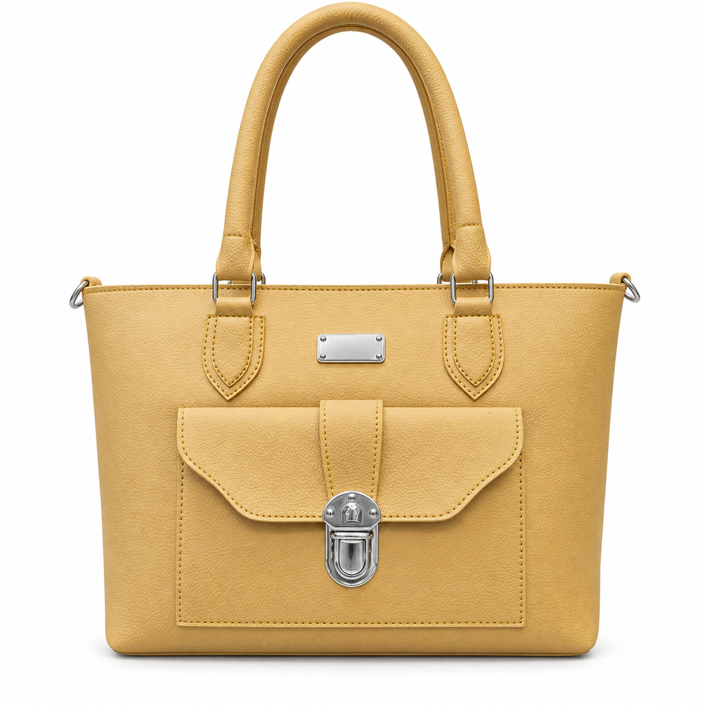 A structured mustard yellow faux-leather handbag with dual top handles, a front flap pocket with a silver-tone clasp, and silver hardware accents, shown against a plain white background.