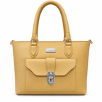 A structured mustard yellow faux-leather handbag with dual top handles, a front flap pocket with a silver-tone clasp, and silver hardware accents, shown against a plain white background.
