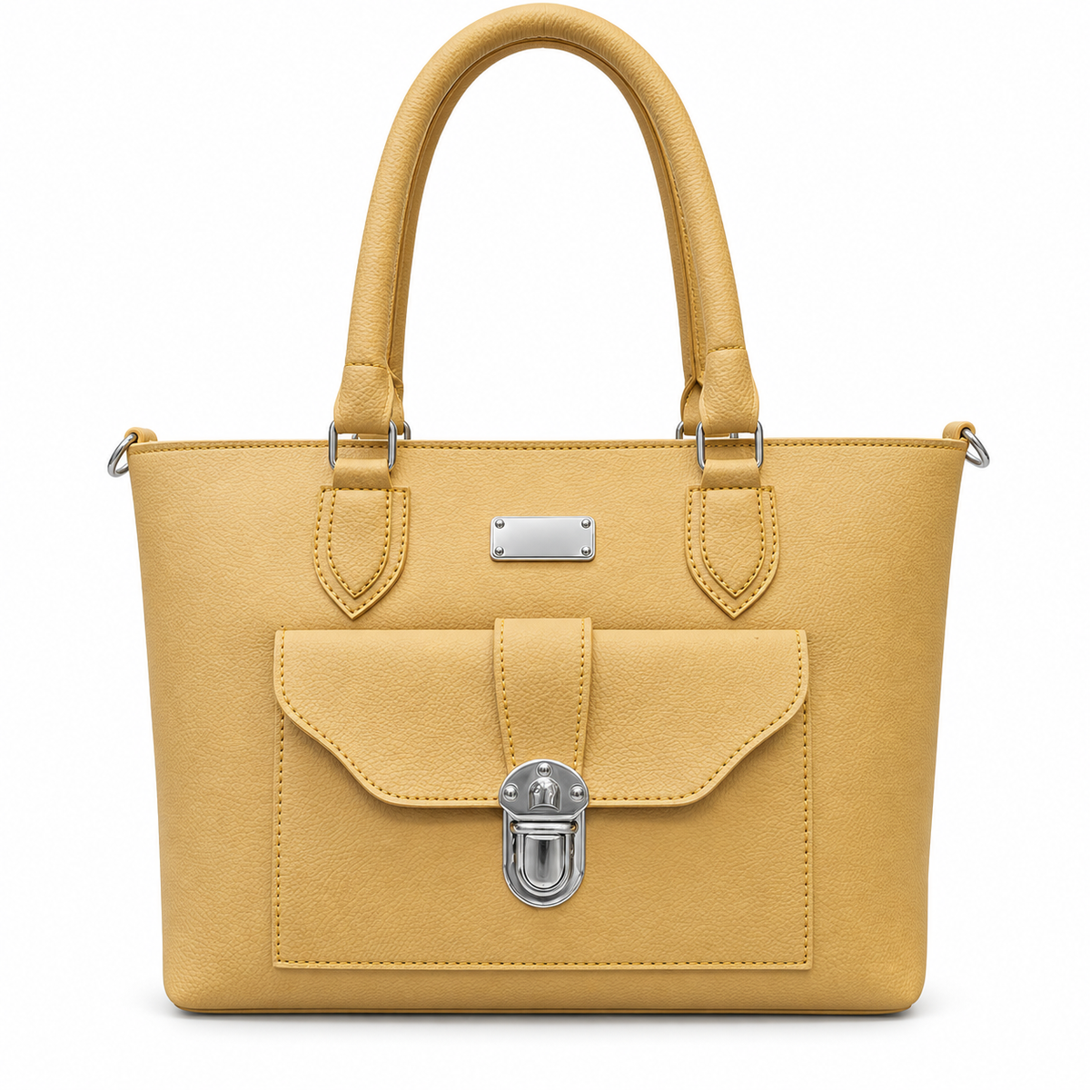 A structured mustard yellow faux-leather handbag with dual top handles, a front flap pocket with a silver-tone clasp, and silver hardware accents, shown against a plain white background.