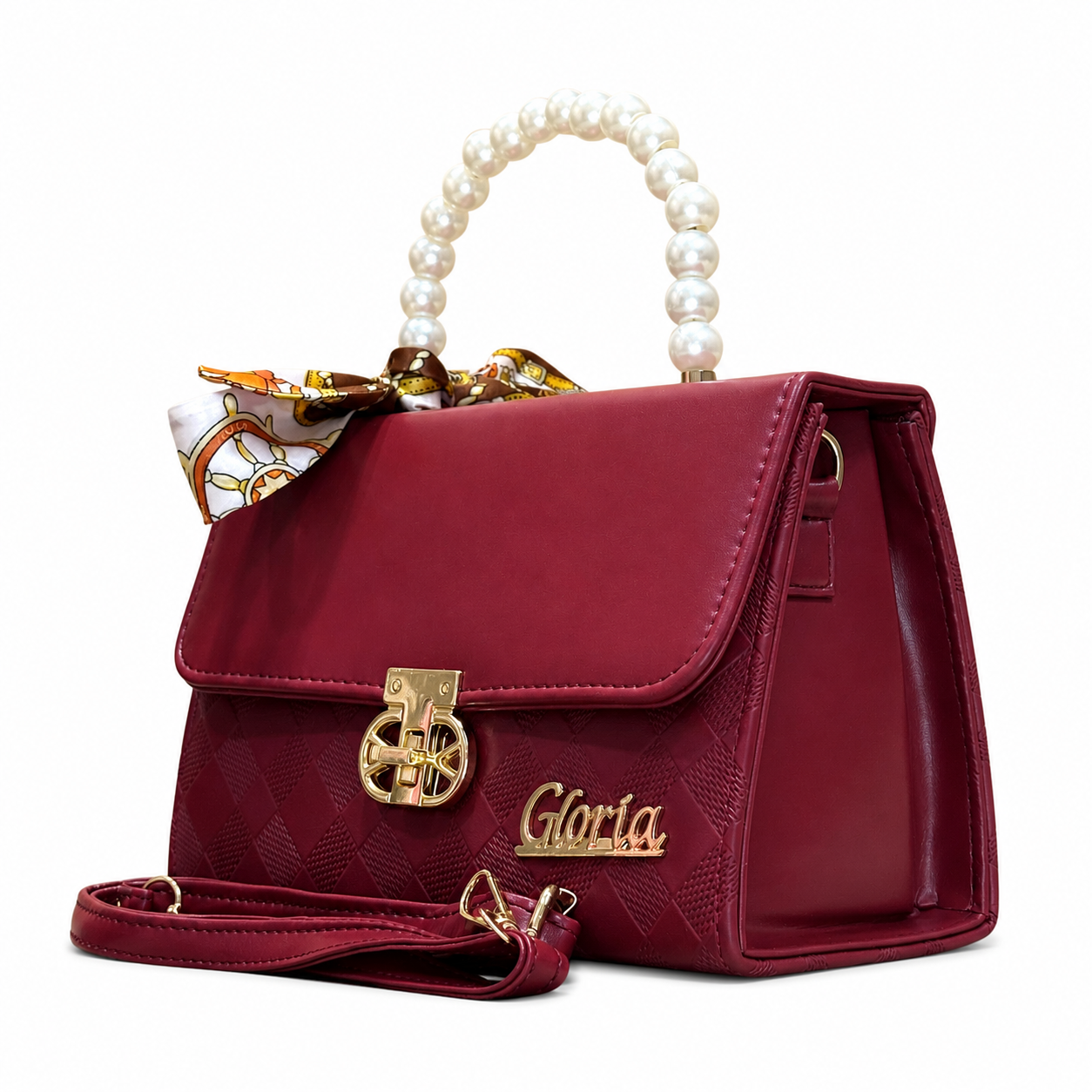 Pearl-Handle Scarf-Accent Handbag