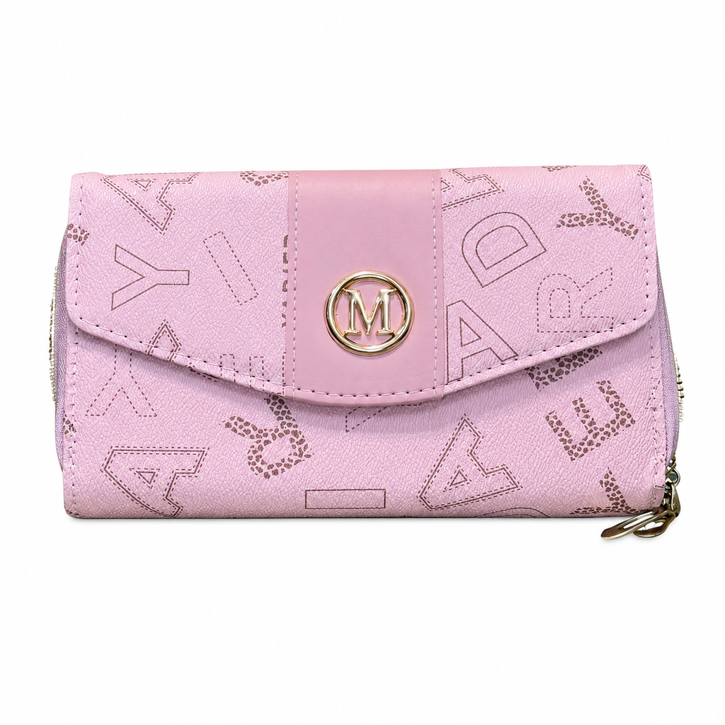 All-Over Letter-Pattern Flap Clutch