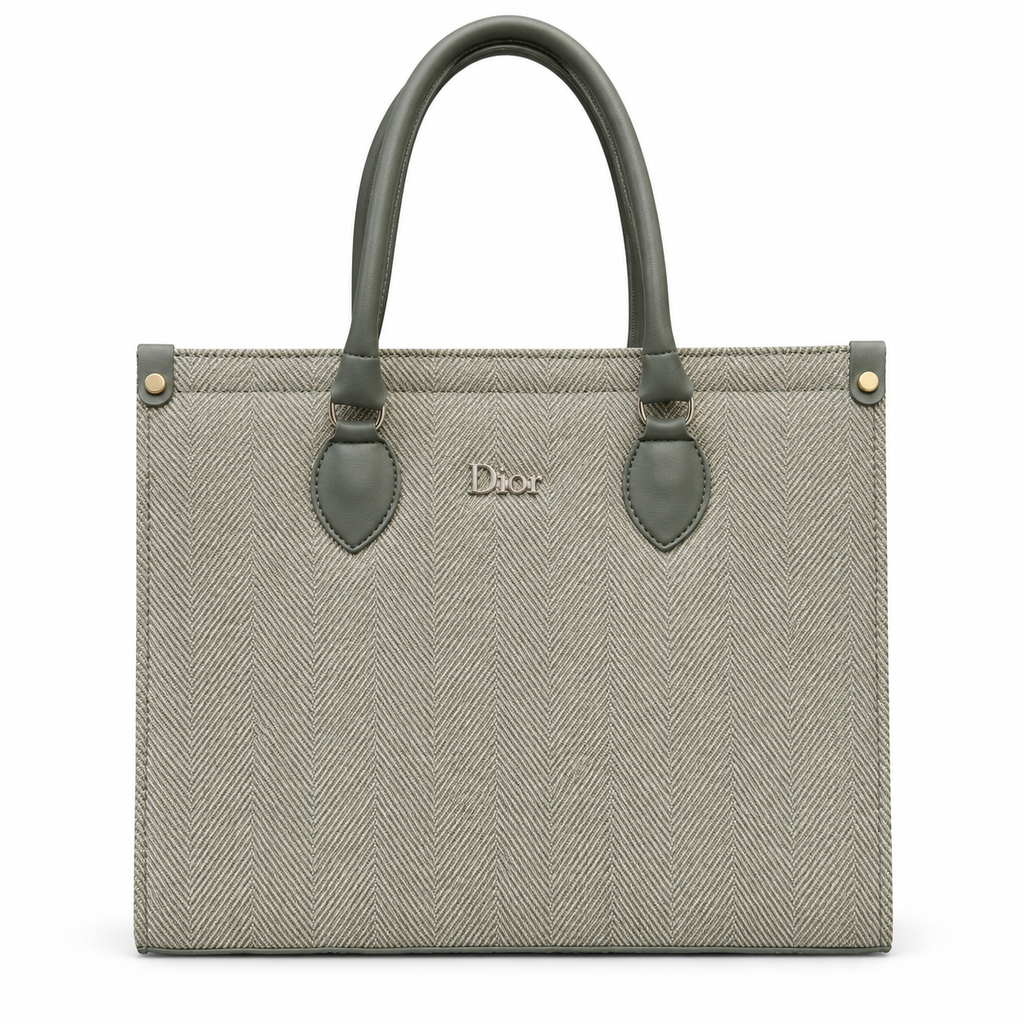 A Dior tote bag in a green herringbone pattern with dark gray leather handles and a small gold-tone Dior logo on the front, set against a plain white background.