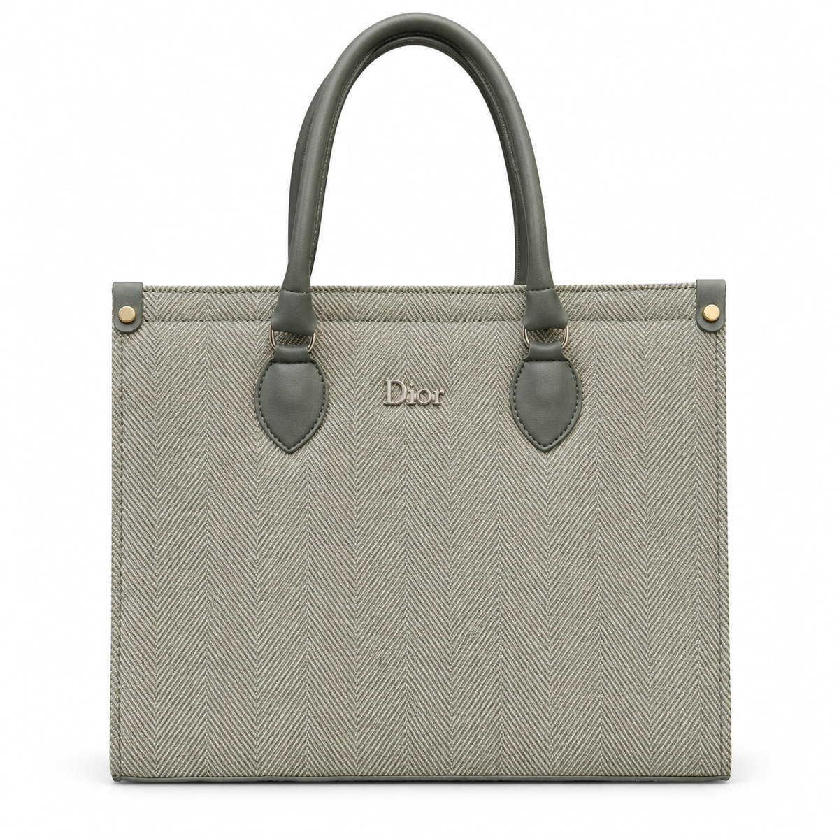 A Dior tote bag in a green herringbone pattern with dark gray leather handles and a small gold-tone Dior logo on the front, set against a plain white background.
