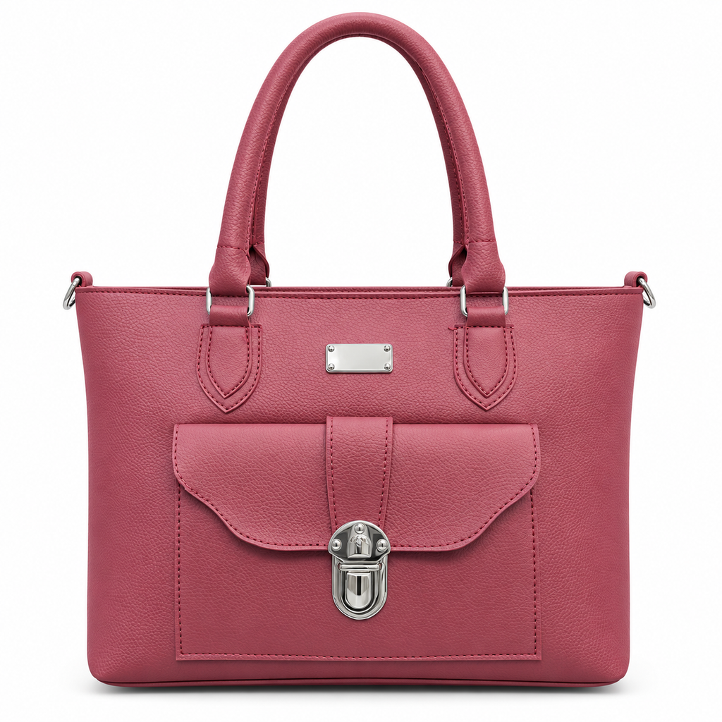A structured red pebbled leather handbag with dual top handles, a front flap pocket with a silver-tone padlock closure, and silver hardware accents, shown on a plain white background.
