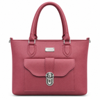 A structured red pebbled leather handbag with dual top handles, a front flap pocket with a silver-tone padlock closure, and silver hardware accents, shown on a plain white background.