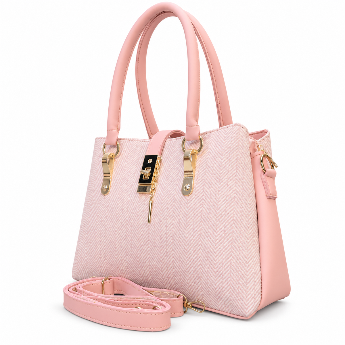 Structured Herringbone Handbag with Shoulder Carry Option