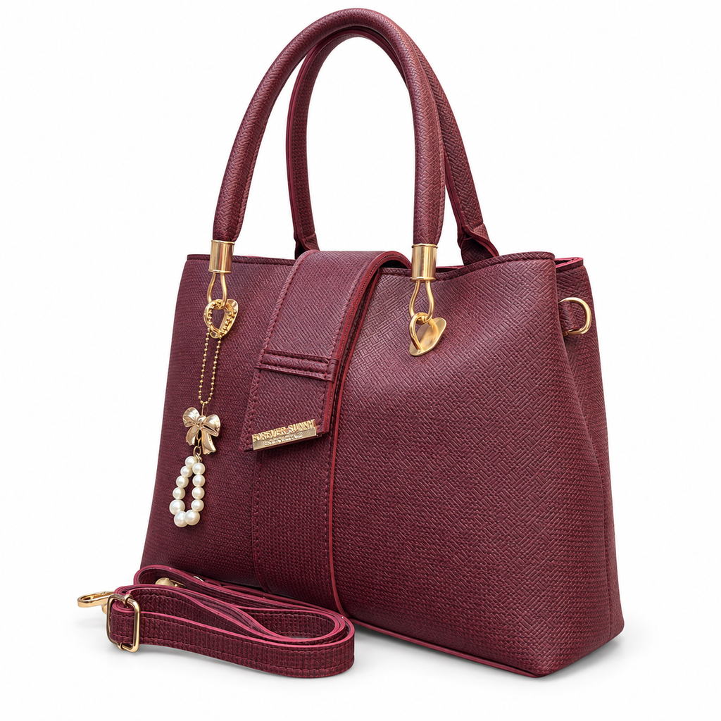 Structured Textured Handbag with Bow & Pearl Charm