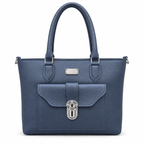 A structured navy blue pebbled leather handbag with dual top handles, a front flap pocket with a silver-tone turn-lock clasp, and silver hardware accents, shown on a plain white background.