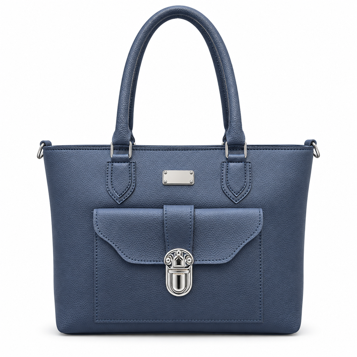 A structured navy blue pebbled leather handbag with dual top handles, a front flap pocket with a silver-tone turn-lock clasp, and silver hardware accents, shown on a plain white background.