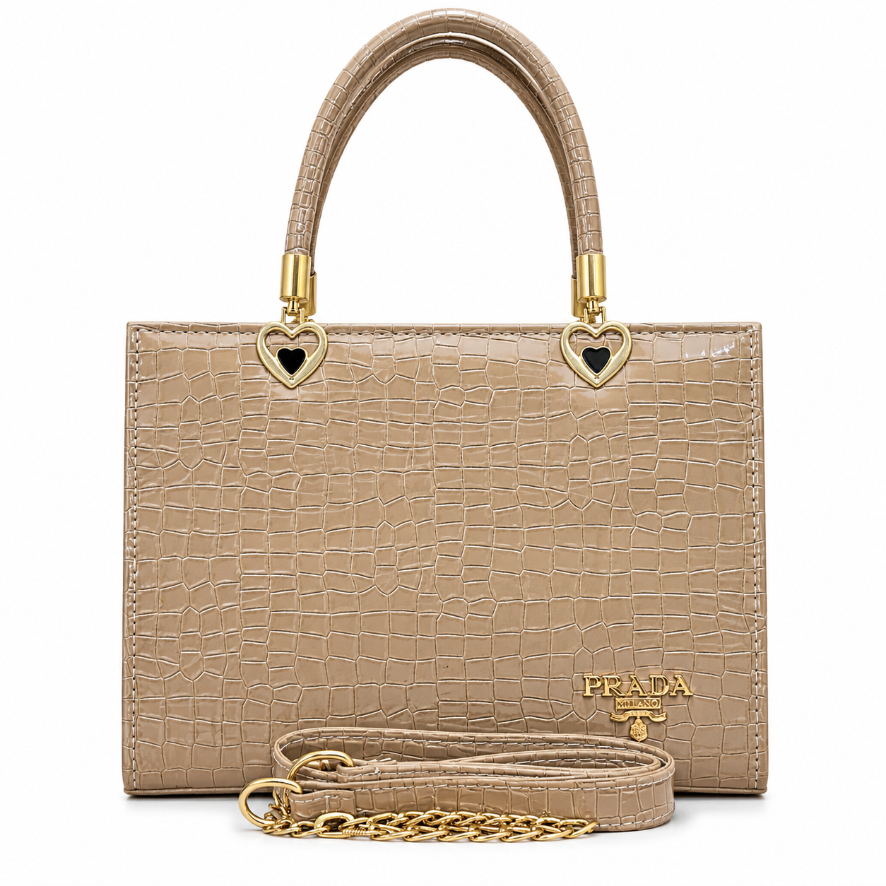 Croc-Textured Structured Handbag with Heart Handles