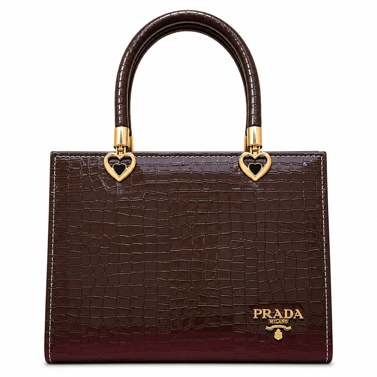 Croc-Textured Structured Handbag with Heart Handles