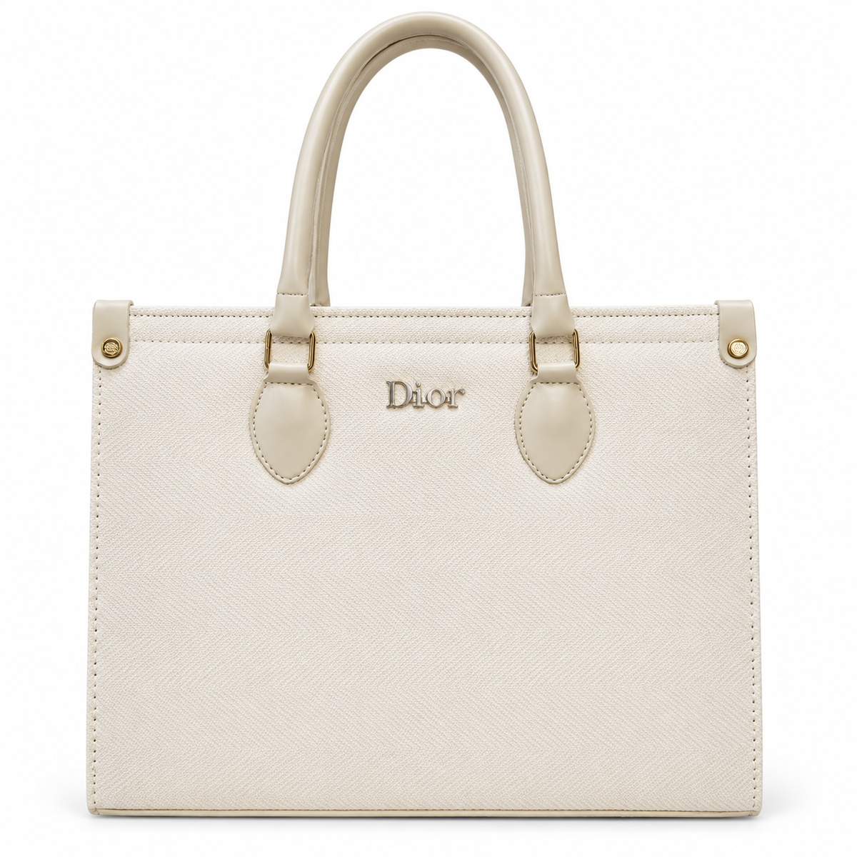 A cream-colored Christian Dior Saffiano leather handbag with gold-tone hardware and a central Dior logo, shown against a plain white background.