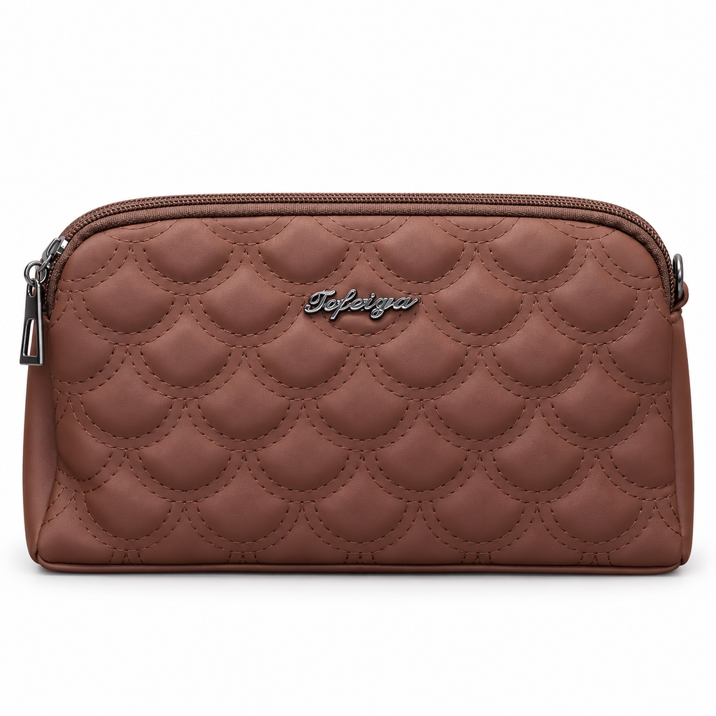 Quilted scallop-pattern zipper pouch with side attachment rings