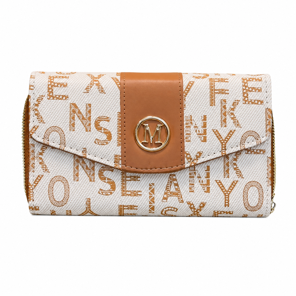 All-Over Letter-Pattern Flap Clutch