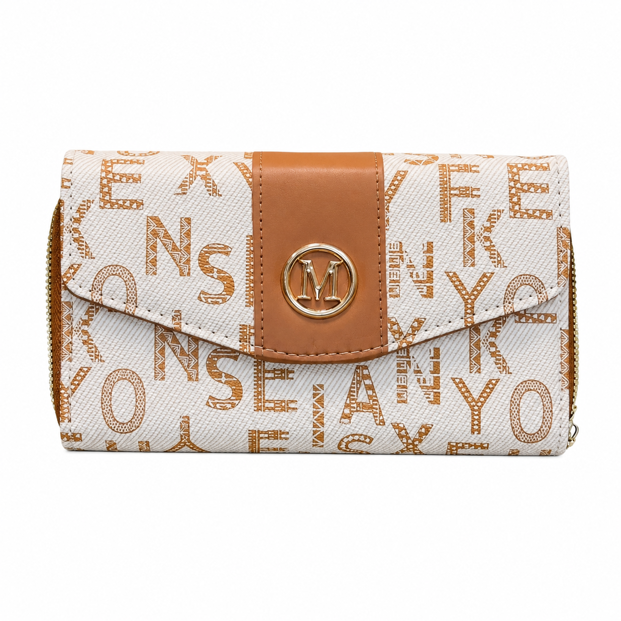 All-Over Letter-Pattern Flap Clutch
