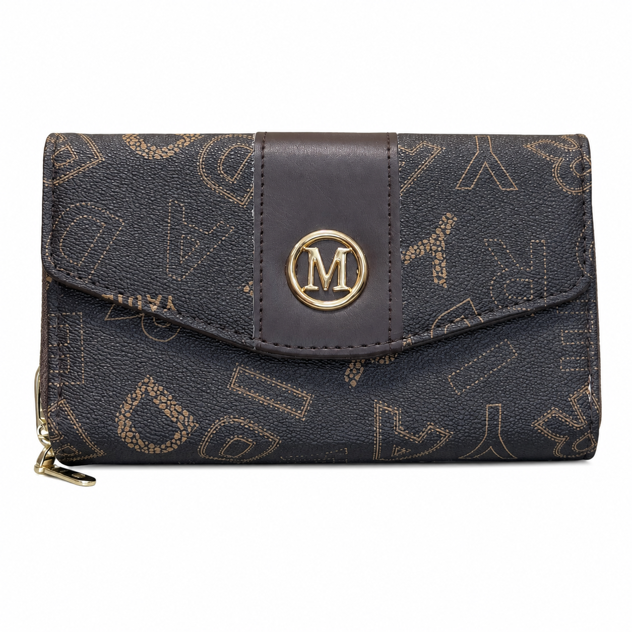 All-Over Letter-Pattern Flap Clutch