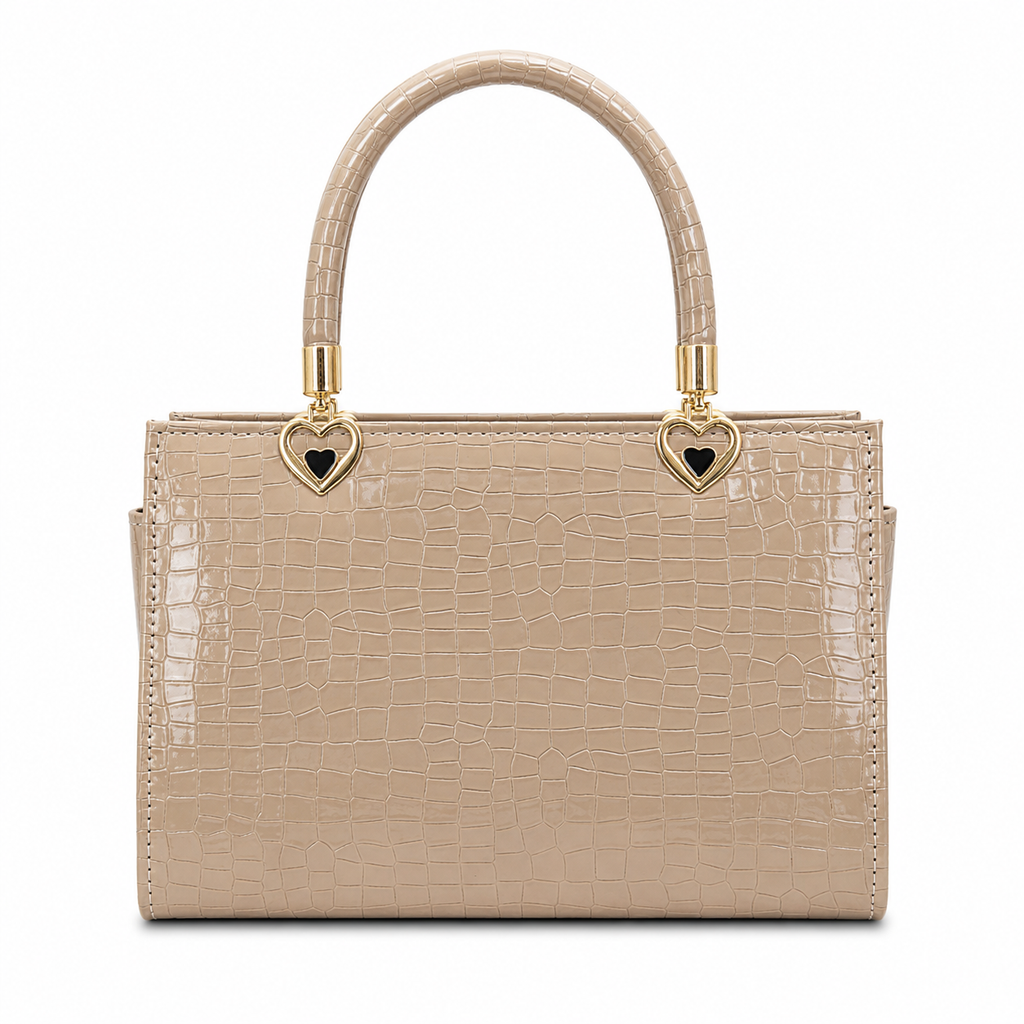 Croc-Textured Structured Handbag with Heart Handles