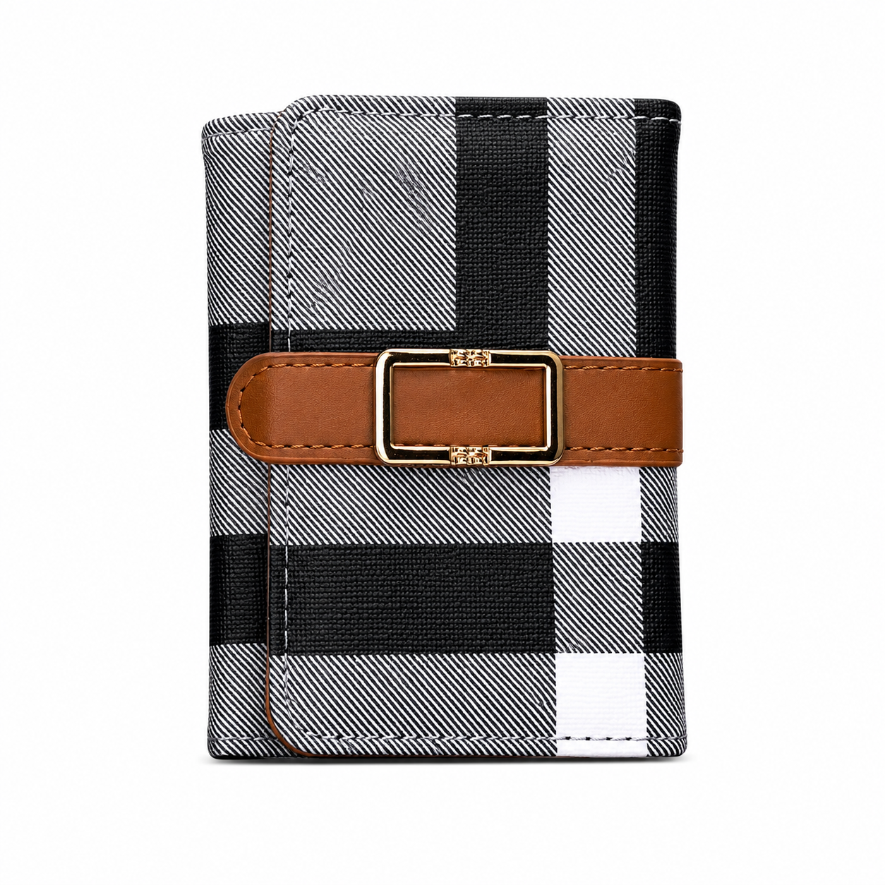Compact Check-Pattern Buckle Wallet