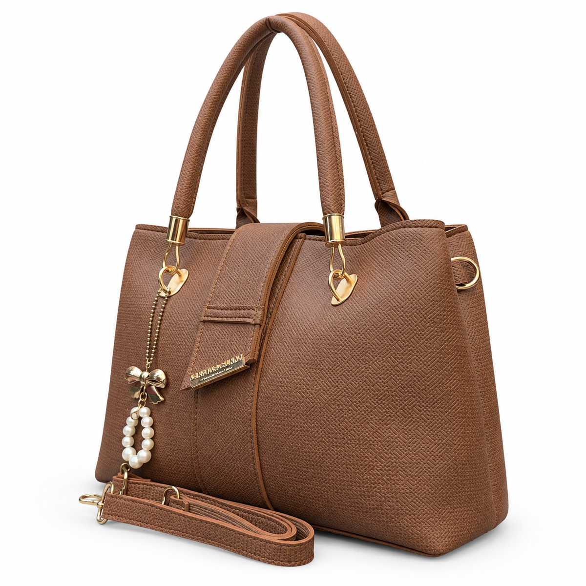 Structured Textured Handbag with Bow & Pearl Charm