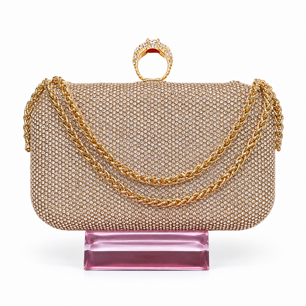Crystal Mesh Chain Clutch with Ring Handle