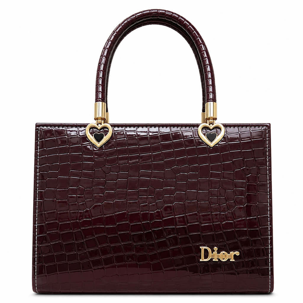Croc-Textured Structured Handbag with Heart Handles
