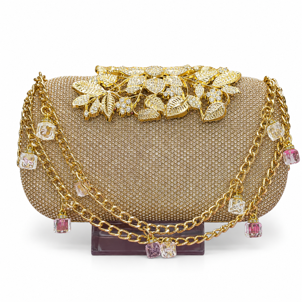 Embellished Beaded Floral Clutch with Chain Strap