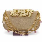 Embellished Beaded Floral Clutch with Chain Strap