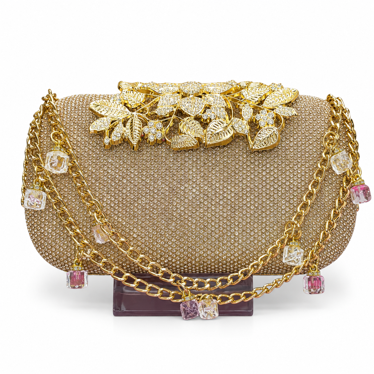 Embellished Beaded Floral Clutch with Chain Strap