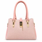A light pink herringbone-patterned handbag with gold-tone hardware, dual top handles, and a central decorative clasp, shown against a plain white background.