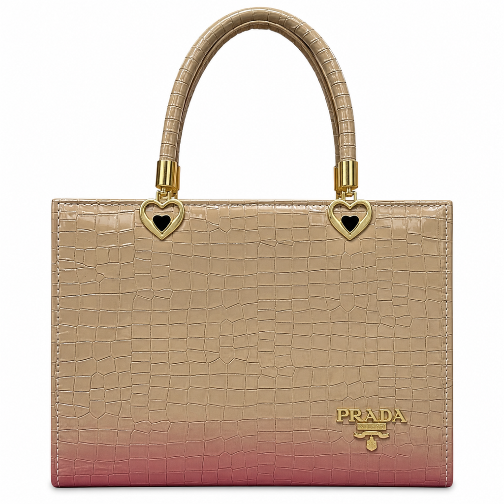 Croc-Textured Structured Handbag with Heart Handles