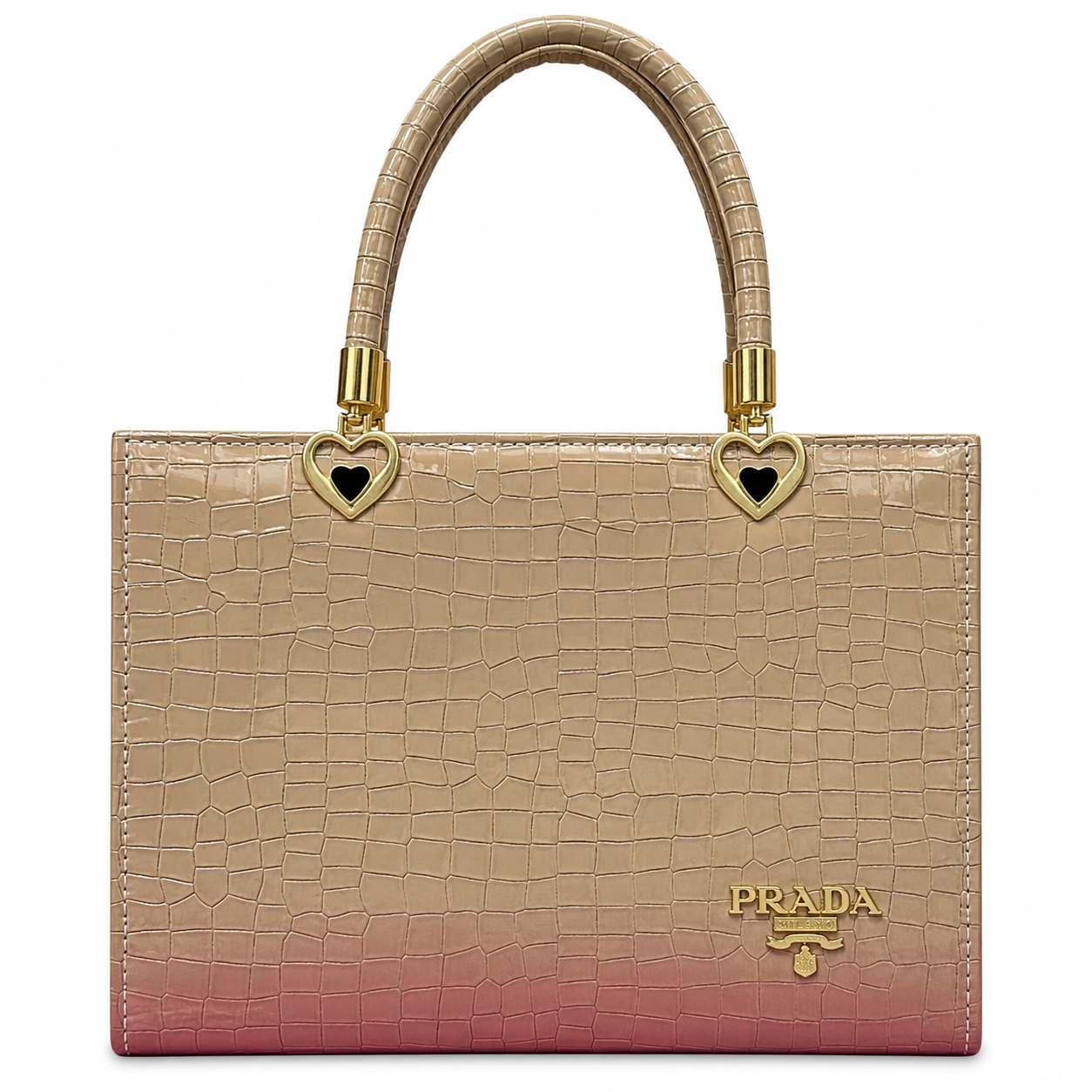 Croc-Textured Structured Handbag with Heart Handles