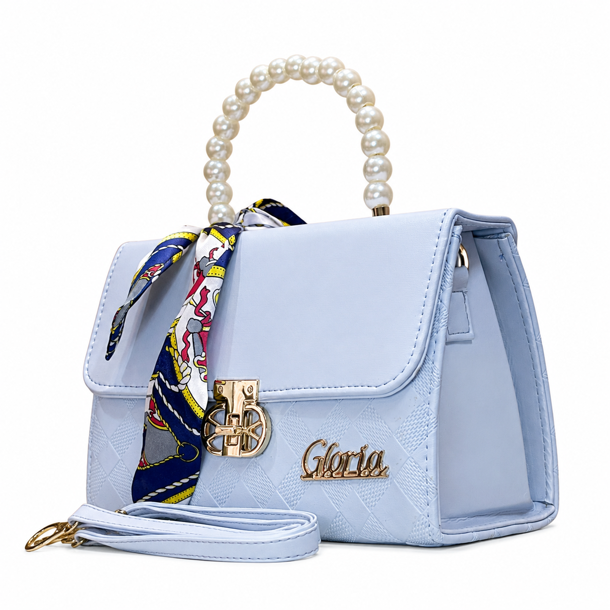 Pearl-Handle Scarf-Accent Handbag