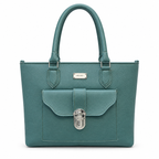 A teal green pebbled leather tote bag with silver-tone hardware, featuring dual top handles, a front flap pocket with a decorative clasp, and a small 'SILKY WEAR' brand plaque on the front.