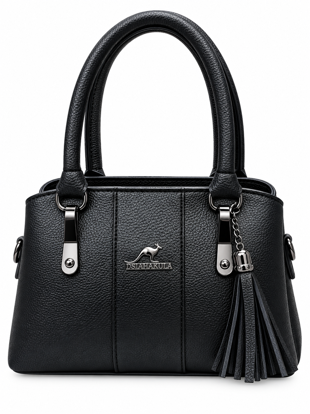 ARUKSA textured top handle handbag with metallic handle tabs and decorative tassel charm