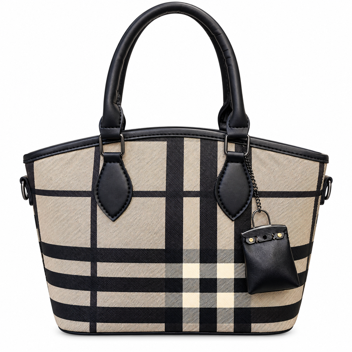 Variant 1: ARUKSA bold grid check top handle tote bag with hanging mini handbag charm