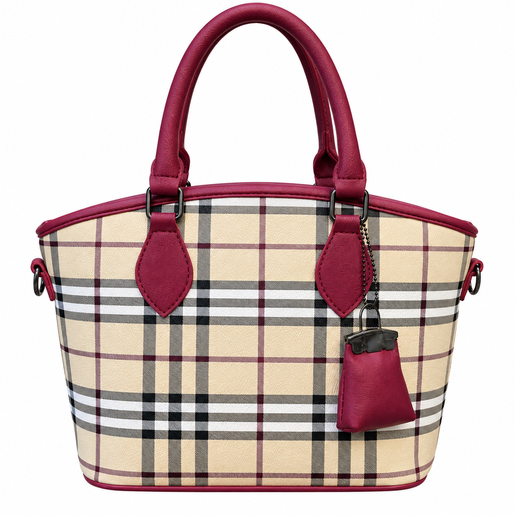 ARUKSA classic grid check top handle tote bag with hanging mini handbag charm