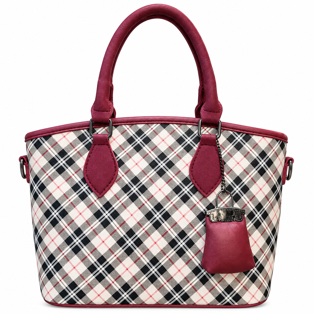 ARUKSA diagonal check top handle tote bag with hanging mini handbag charm
